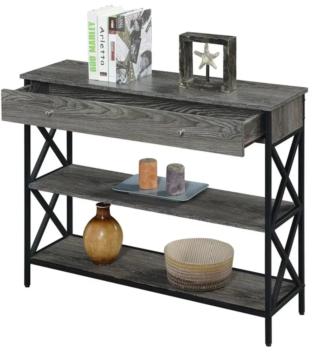 Convenience Concepts Tucson 1 Drawer Console Table, Weathered Gray/Black