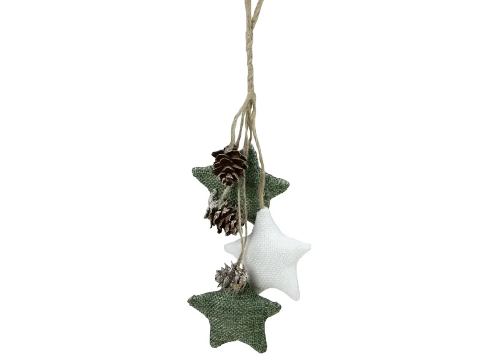 11.8" White and Green Burlap Star and Pine Cone Christmas Ornament