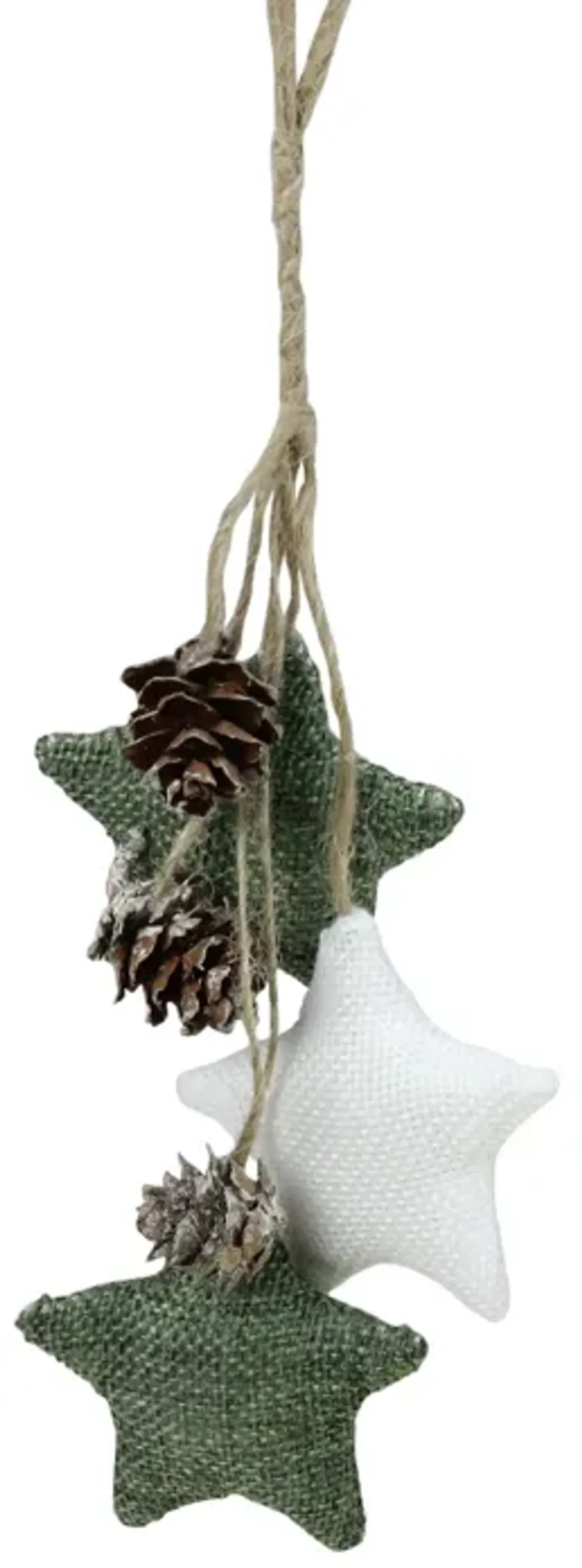 11.8" White and Green Burlap Star and Pine Cone Christmas Ornament