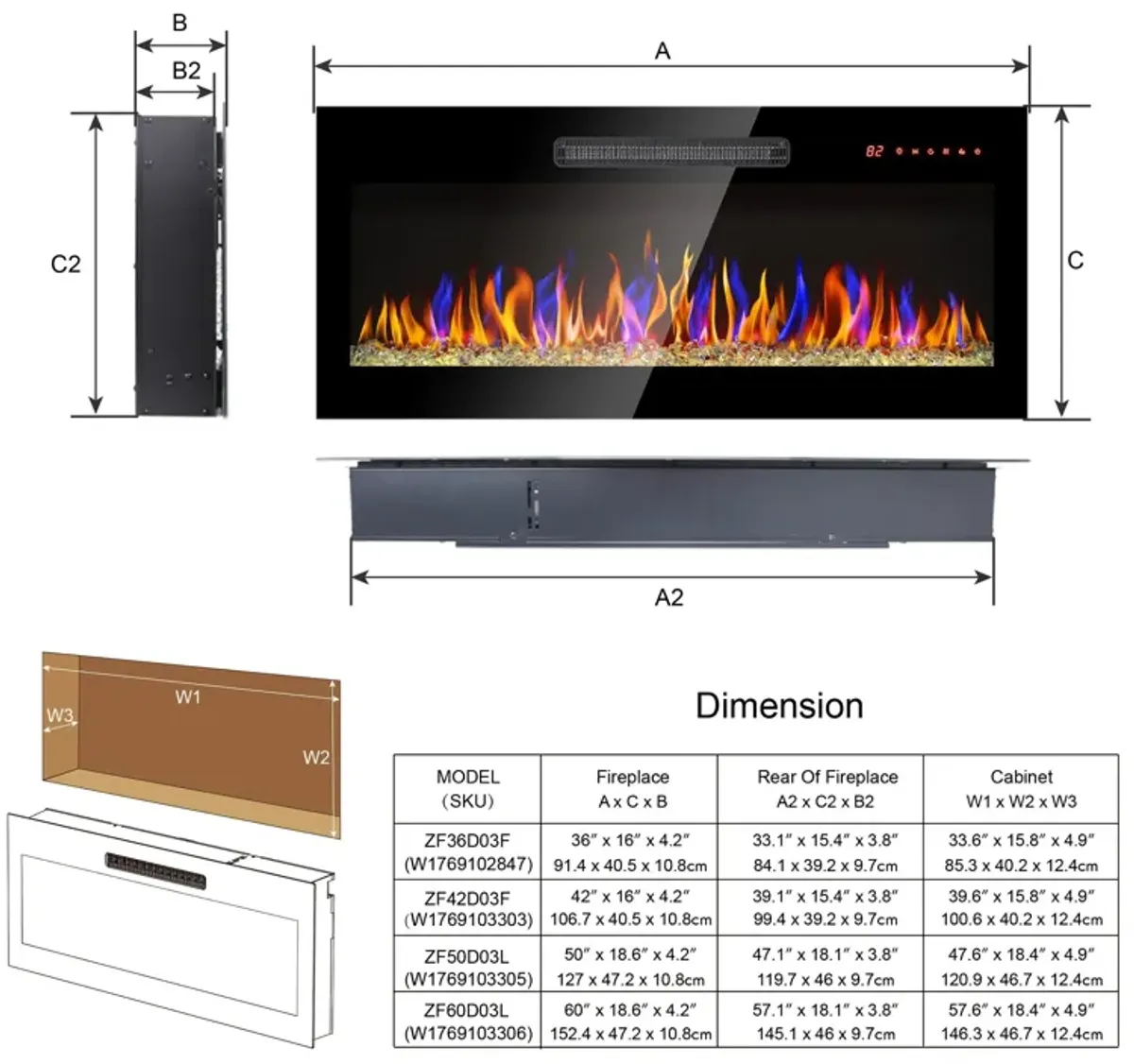 MONDAWE 50 Inch Recessed Ultra Thin Tempered Glass Front Wall Mounted Electric Fireplace With Remote And Multi Color Flame & Emberbed, LED Light Heater