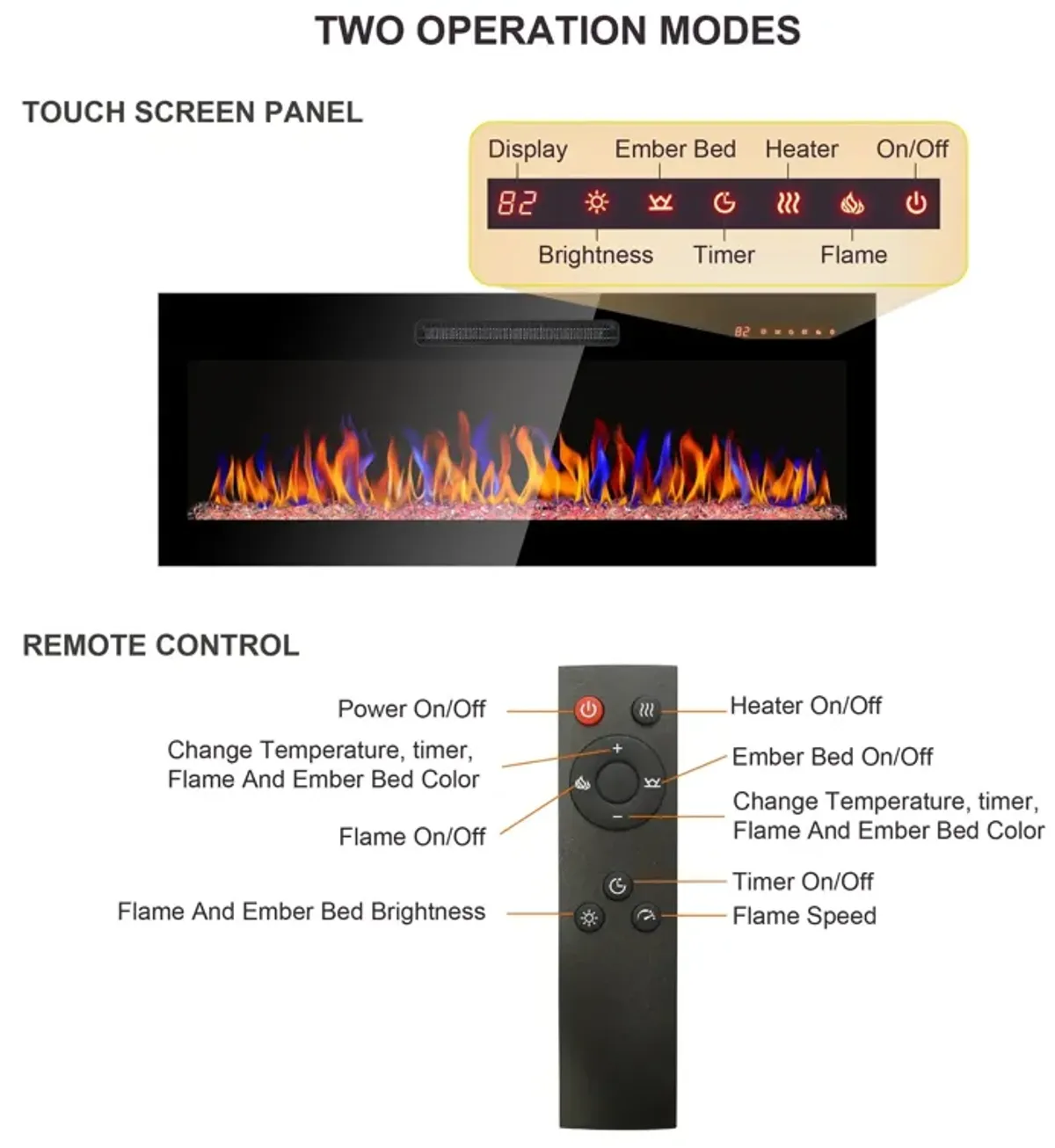 MONDAWE 50 Inch Recessed Ultra Thin Tempered Glass Front Wall Mounted Electric Fireplace With Remote And Multi Color Flame & Emberbed, LED Light Heater