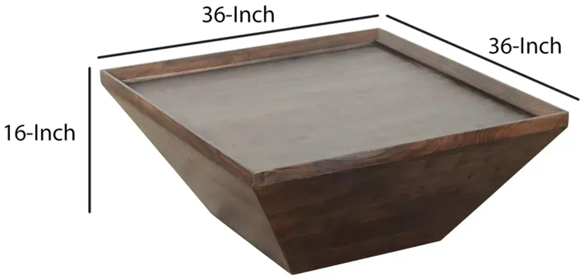 36 Inch Square Shape Acacia Wood Coffee Table with Trapezoid Base, Brown-Benzara