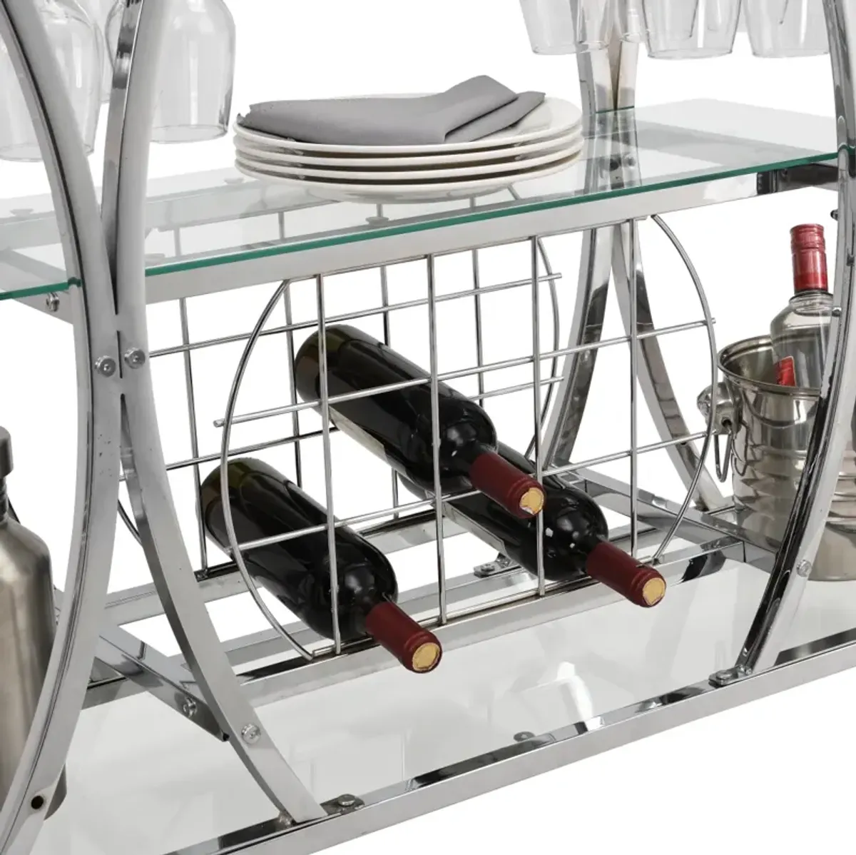 Contemporary Chrome Bar Cart With Wine Rack Silver Modern Glass Metal Frame Wine Storage