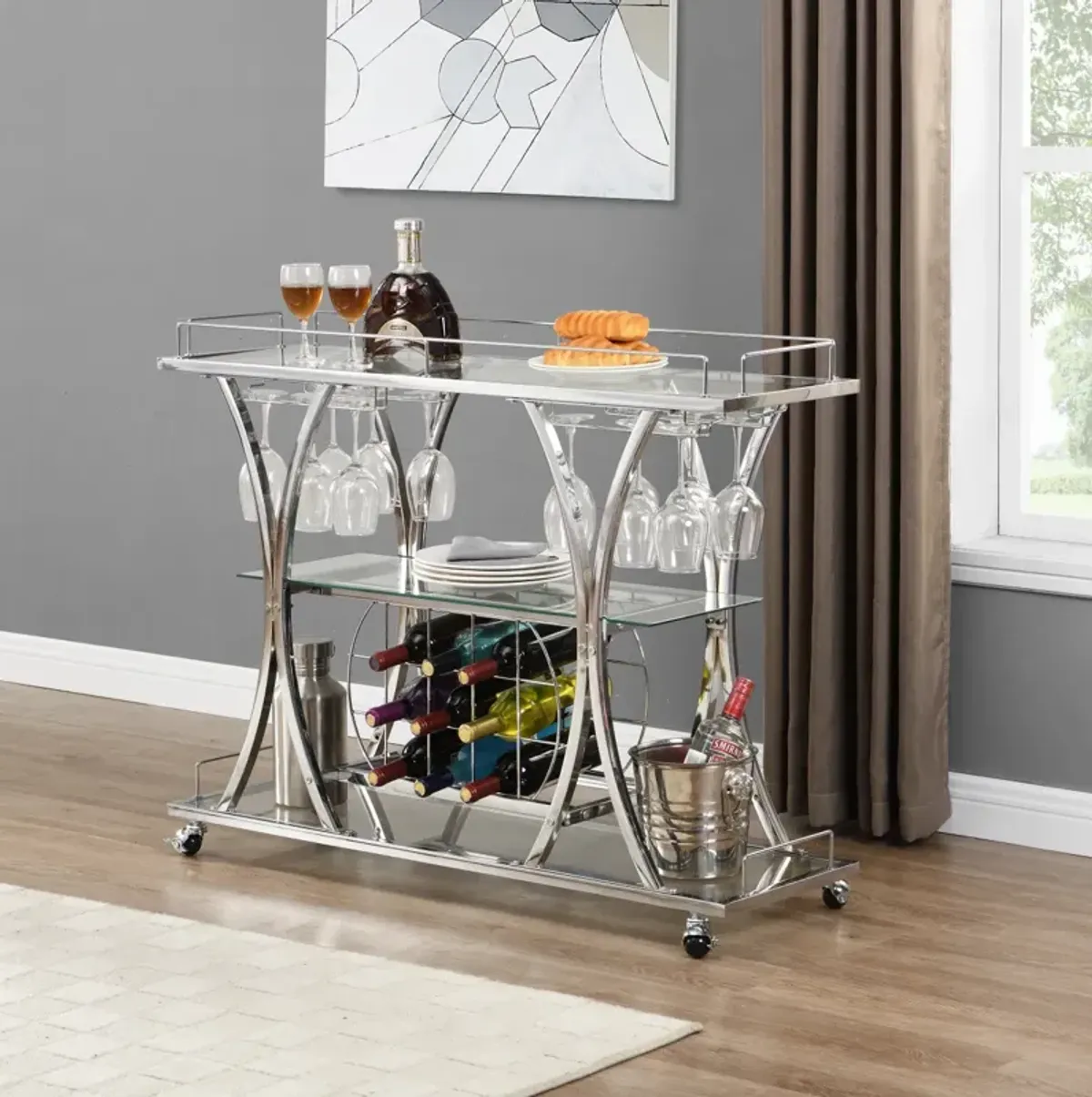 Contemporary Chrome Bar Cart With Wine Rack Silver Modern Glass Metal Frame Wine Storage