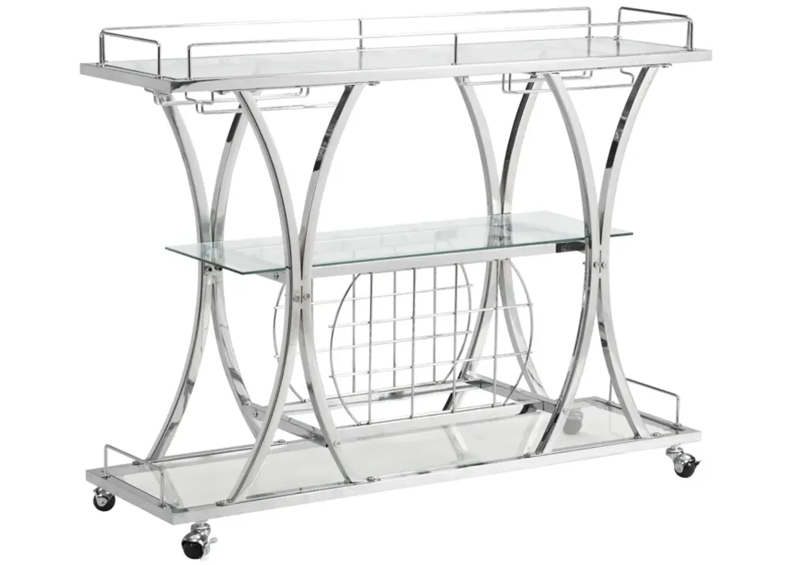 Contemporary Chrome Bar Cart With Wine Rack Silver Modern Glass Metal Frame Wine Storage