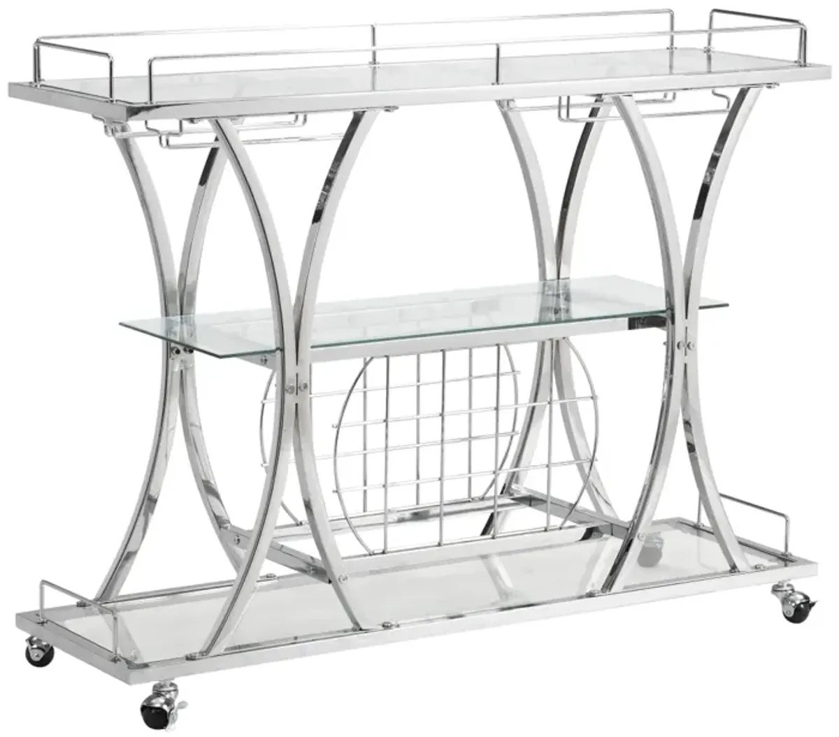 Contemporary Chrome Bar Cart With Wine Rack Silver Modern Glass Metal Frame Wine Storage