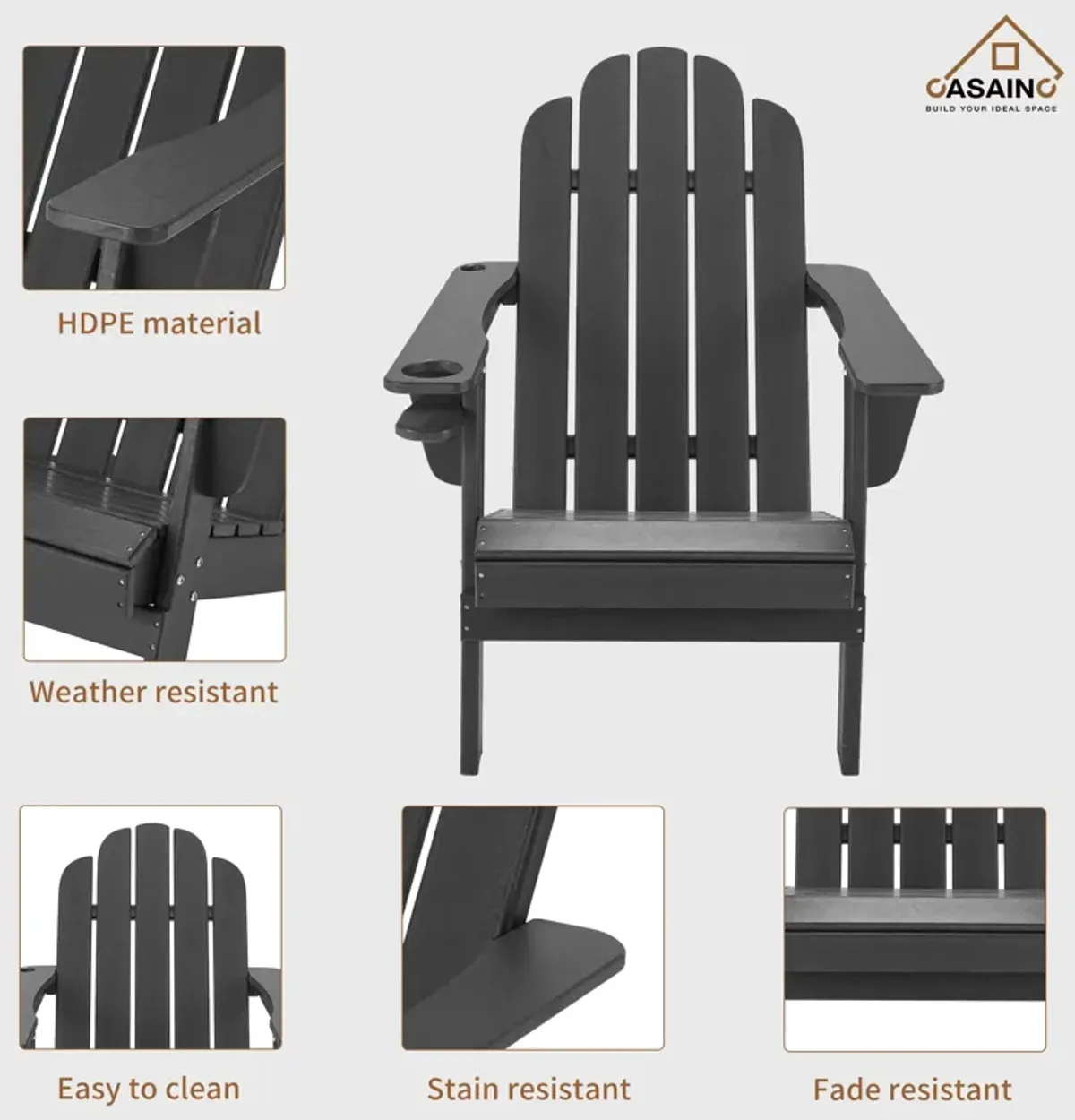 Traditional Curveback Plastic Patio Adirondack Chair with Cup Holder and umbrella holder Outdoor