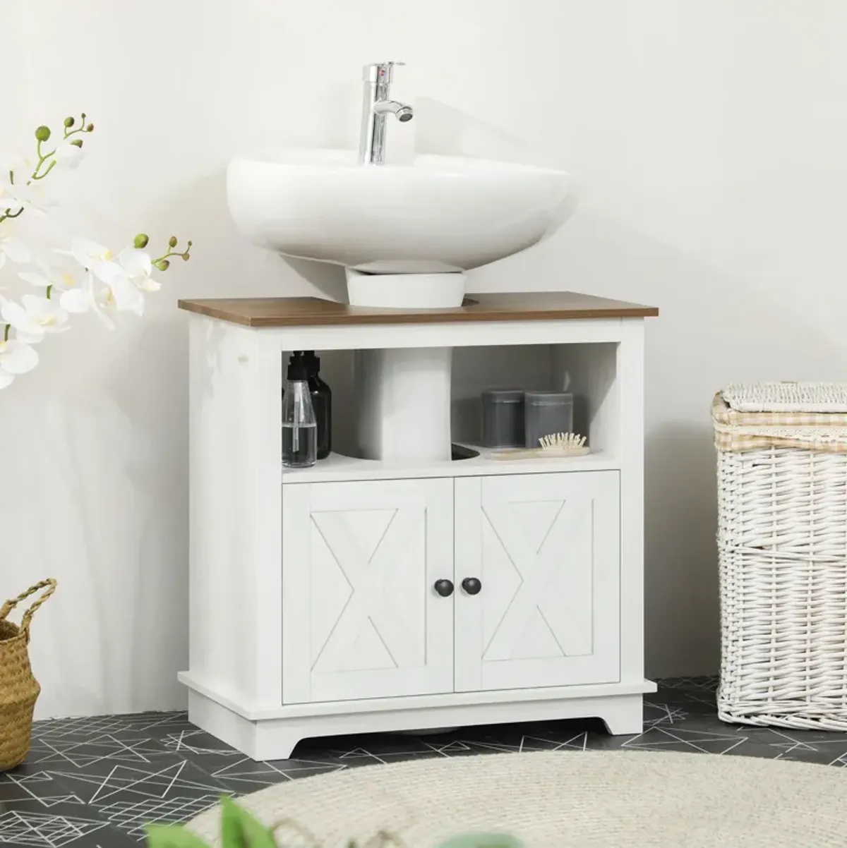 White Bathroom Storage: Pedestal Vanity Cabinet with 2 Doors & Shelves