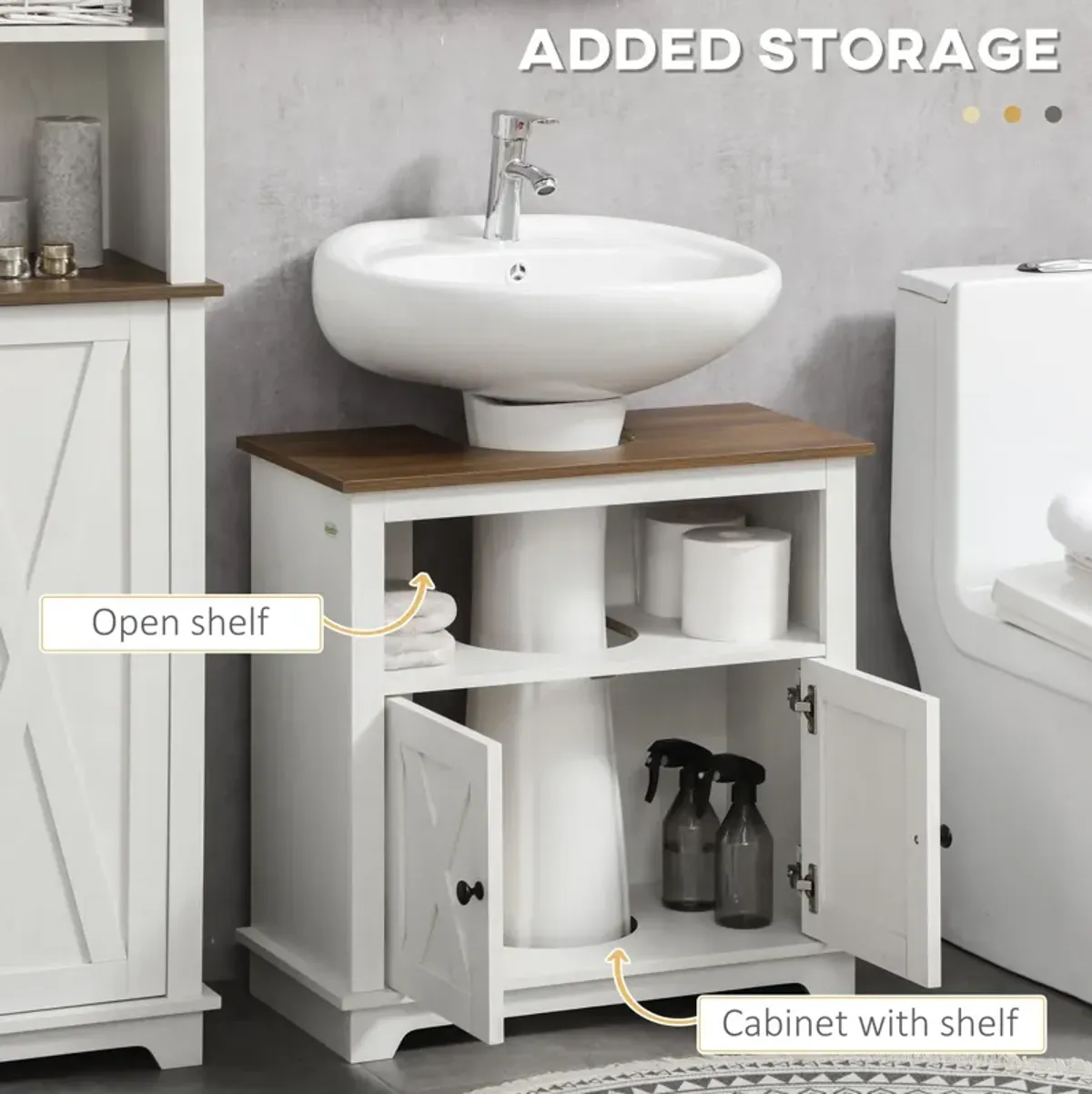 White Bathroom Storage: Pedestal Vanity Cabinet with 2 Doors & Shelves