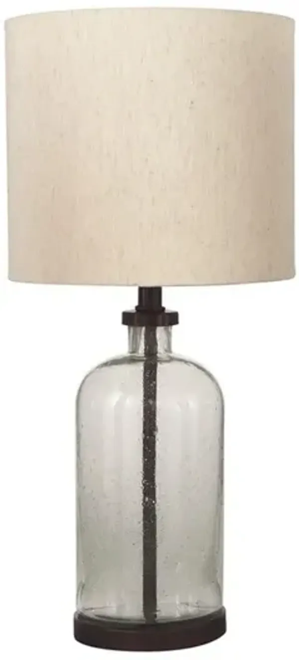 Cylindrical Seeded Glass Table Lamp with Fabric Drum Shade, Beige and Clear - Benzara