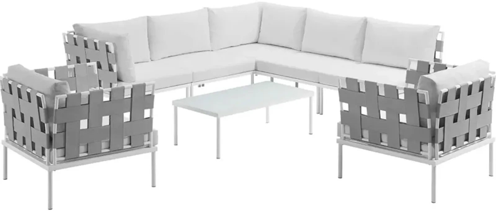 Harmony Outdoor Patio Sectional Sofa Furniture Set - All-Weather Waterproof, Modern Design, Machine Washable Cushions, Powder Coated Aluminum Bases. Includes Coffee Table, Armless Chairs, Armchairs, and Corner Sofas.