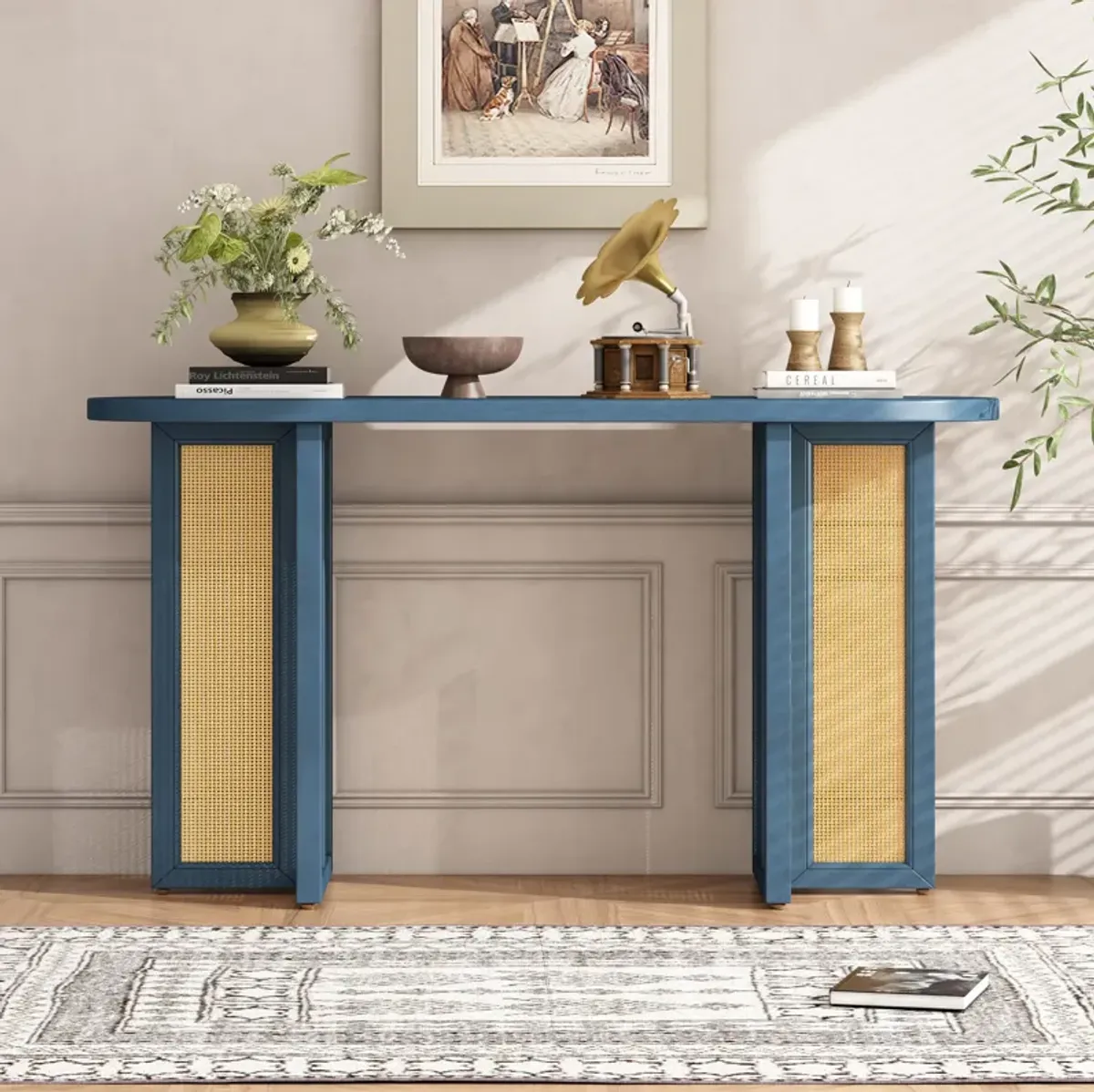 Merax Farmhouse Rattan Console Table for Entryway