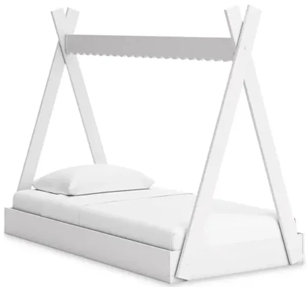Kally Twin Size Floor Bed, Tent Style Design, Matte White Wood - Benzara