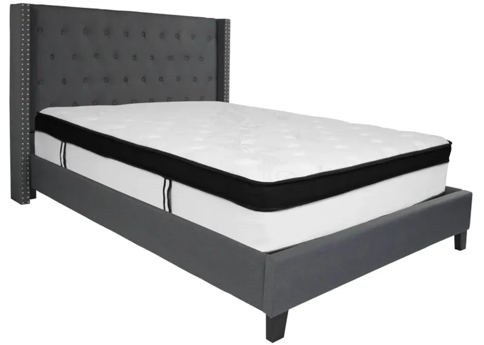 Riverdale Queen Size Tufted Upholstered Platform Bed in Dark Gray Fabric with Memory Foam Mattress