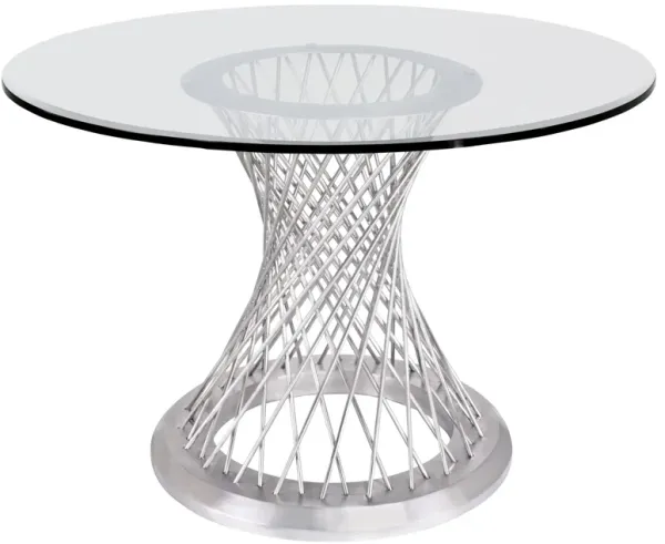Round Glass Top Dining Table with Metal Mesh Base, Silver-Benzara