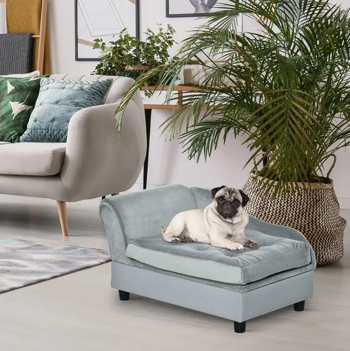 Light Blue Pet Bed: Plush Sofa with Storage for Small Dogs & Cats