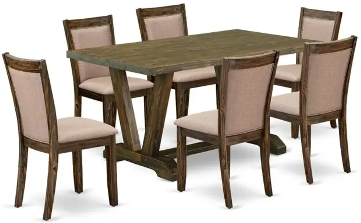 V776MZ716-7 7 Pc Modern Dining Set - A Kitchen Table with Trestle Base and 6 Chairs For Dining Room - Distressed Jacobean Finish