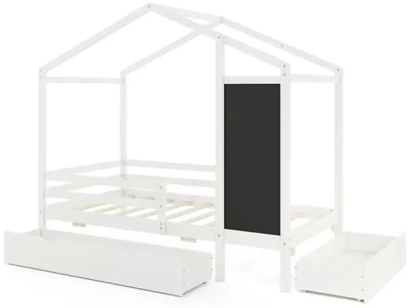 Kids Bed with 2 Drawers Solid Wood Bed with Blackboard