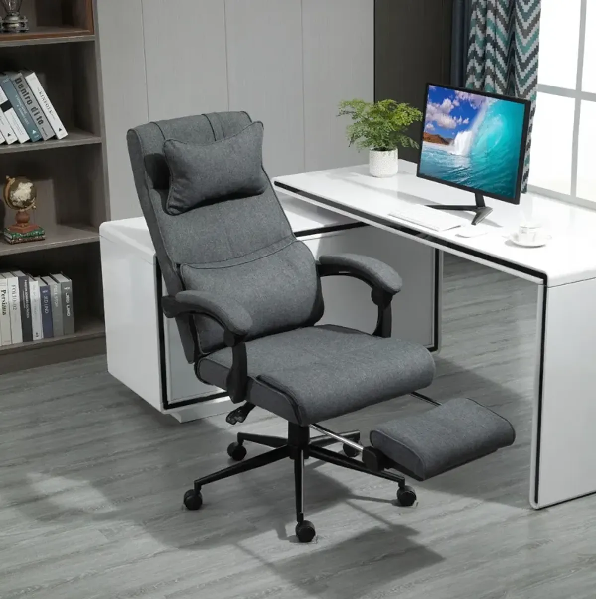 Gray Ergonomic Workstation: Reclining Desk Chair with Lumbar Support