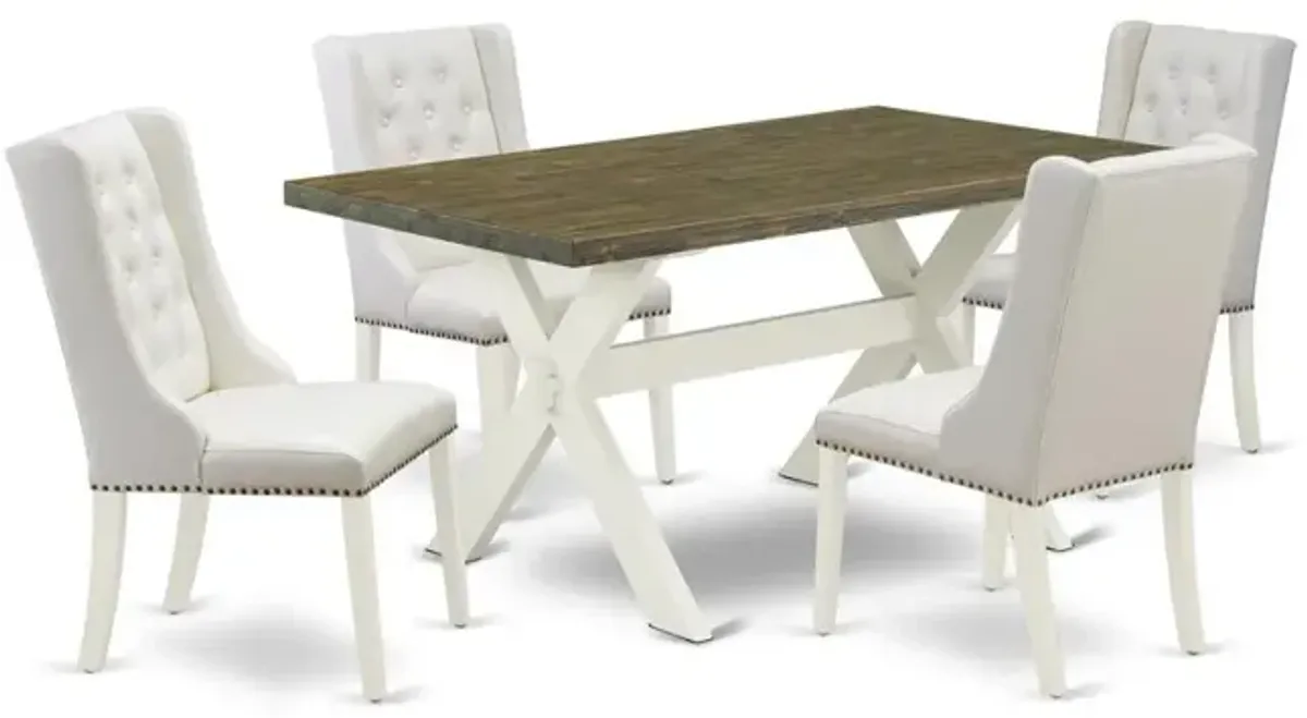 East West Furniture X076FO244-5 5-Piece Dining Table Set Consists of 4 White Pu Leather Dining Chairs with Nailheads and Distressed Jacobean Wooden Table - Linen White Finish