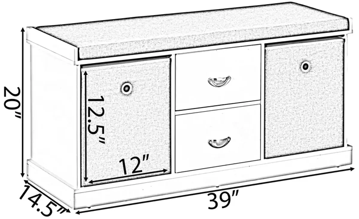 MDF Storage Box Shoe Bench with 2 Drawers, Foldable Baskets and a Gray Cushion, White