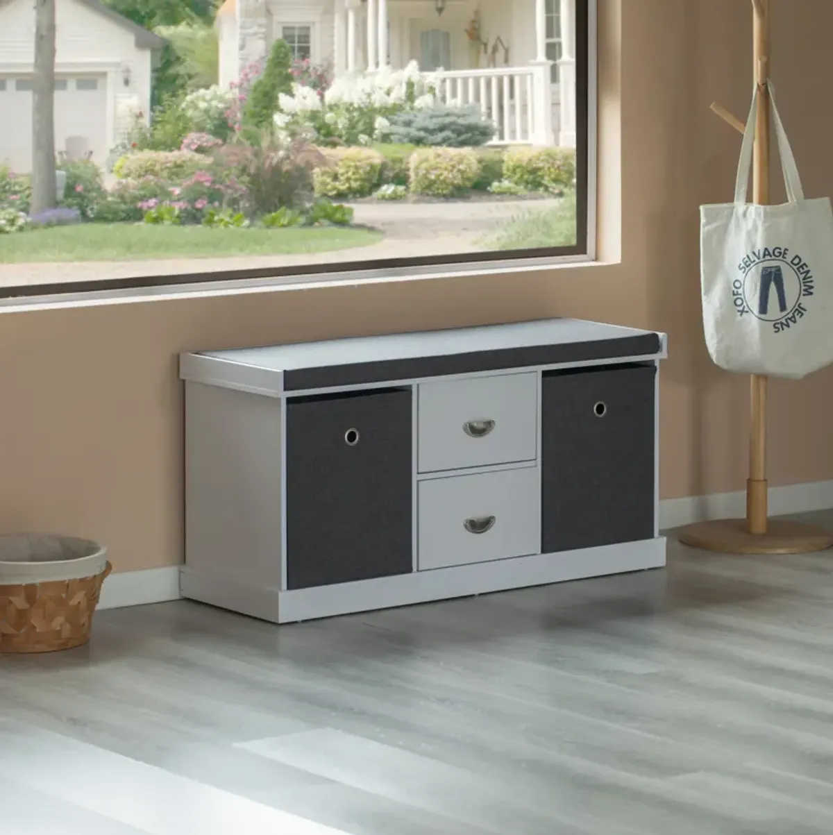 MDF Storage Box Shoe Bench with 2 Drawers, Foldable Baskets and a Gray Cushion, White