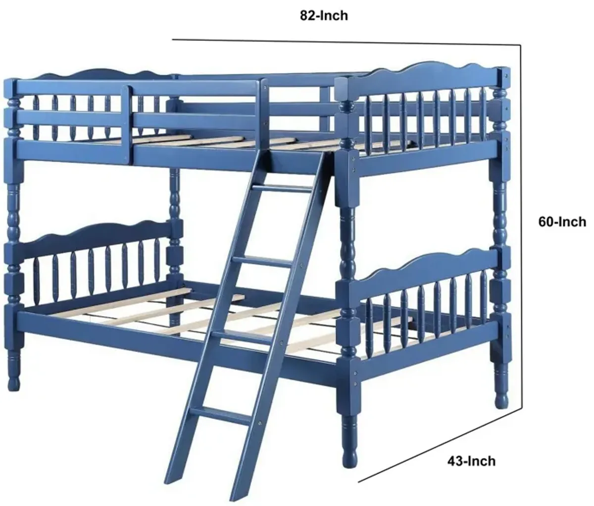 Alice Classic Twin Bunk Bed with Ladder, Guard Rail, Carved Legs, Blue-Benzara