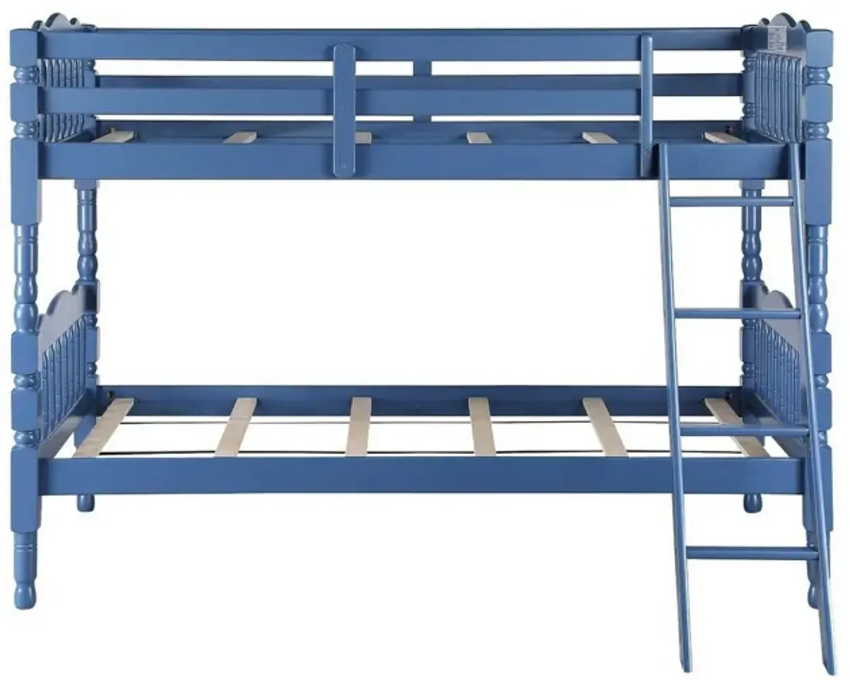 Alice Classic Twin Bunk Bed with Ladder, Guard Rail, Carved Legs, Blue-Benzara