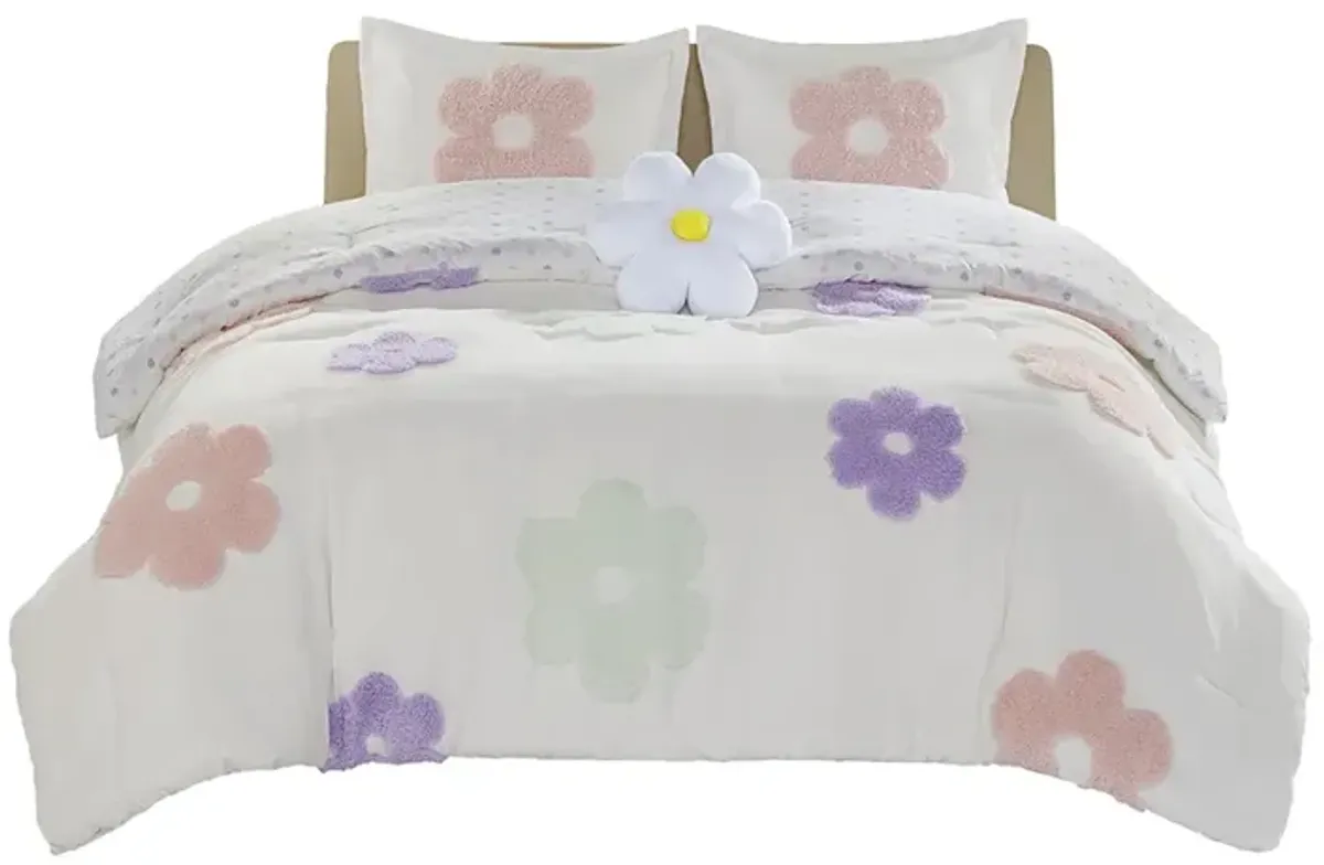 Gracie Mills Eubert Colorful Floral Reversible Chenille Comforter Set with Flower Throw Pillow