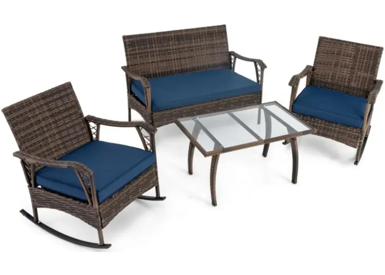 Hivvago 4 Pieces Wicker Rocking Set with Bungee Rope Seat