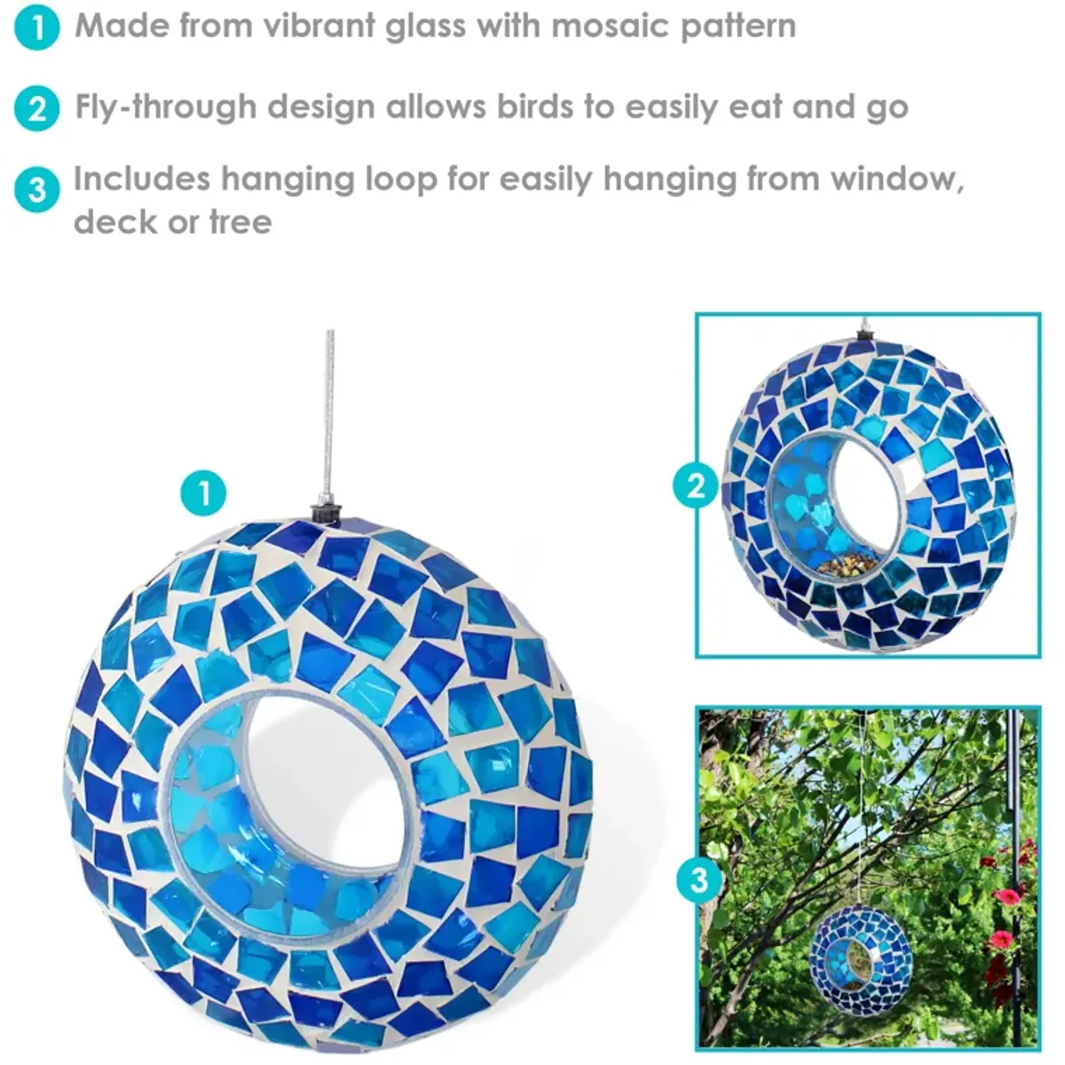 Sunnydaze Glass Mosaic Fly-Through Hanging Bird Feeder - 6 in