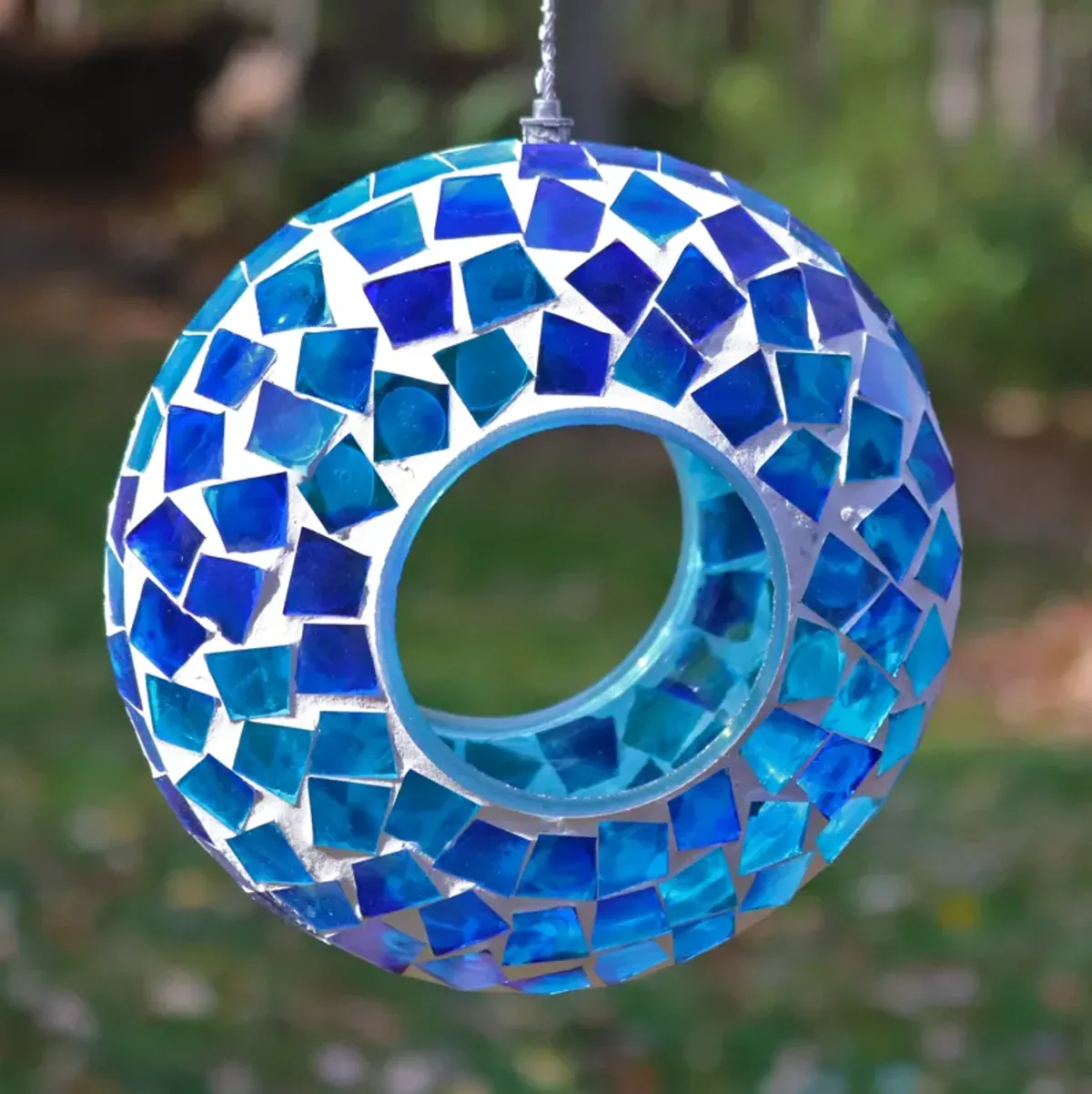 Sunnydaze Glass Mosaic Fly-Through Hanging Bird Feeder - 6 in