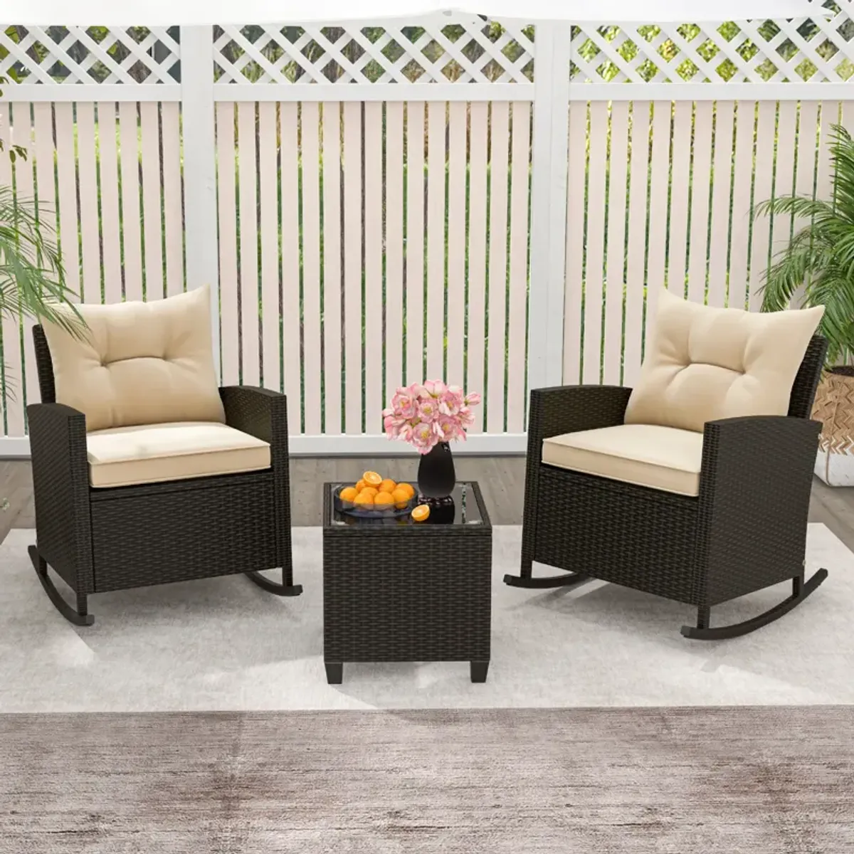 Patio Rattan Roker Chairs with Tempered Glass Table and Soft Cushions