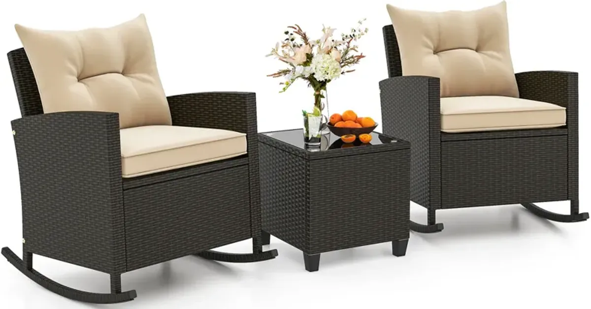 Patio Rattan Roker Chairs with Tempered Glass Table and Soft Cushions