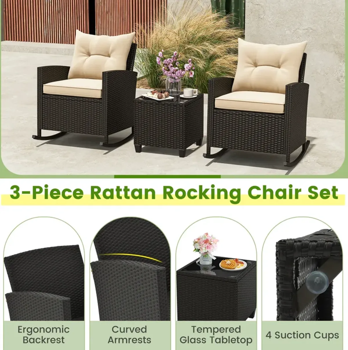 Patio Rattan Roker Chairs with Tempered Glass Table and Soft Cushions