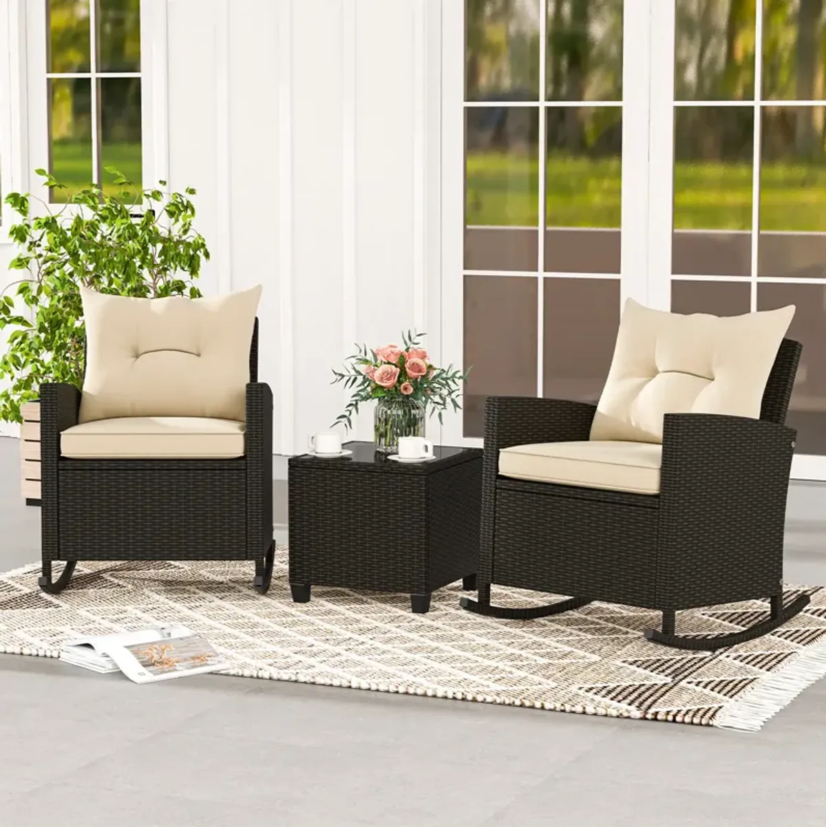 Patio Rattan Roker Chairs with Tempered Glass Table and Soft Cushions