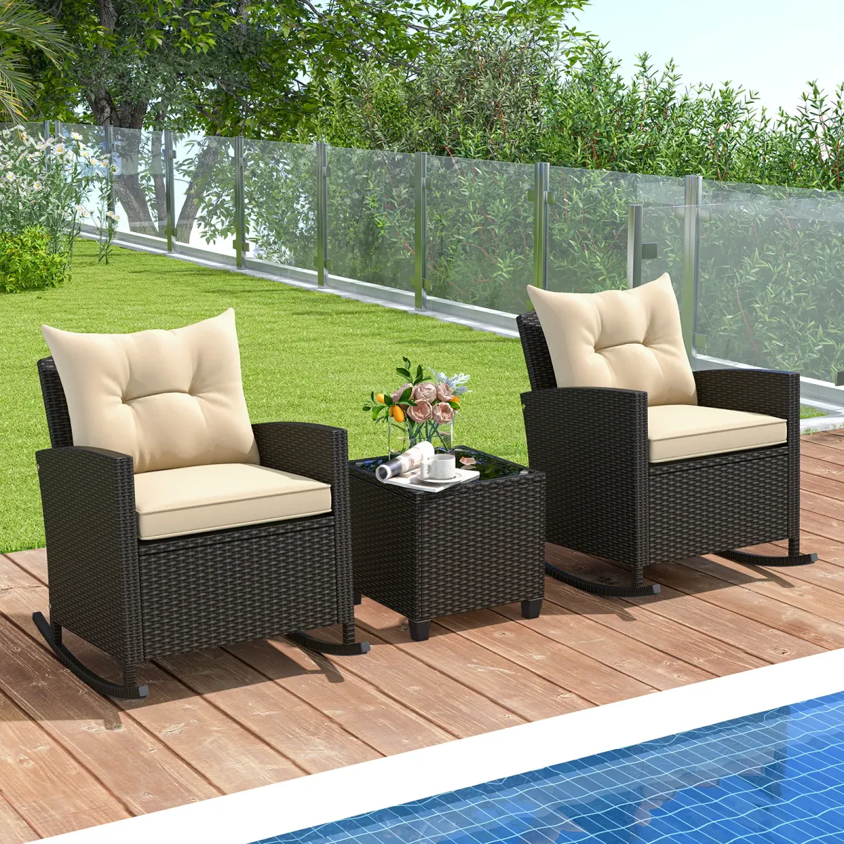 Patio Rattan Roker Chairs with Tempered Glass Table and Soft Cushions