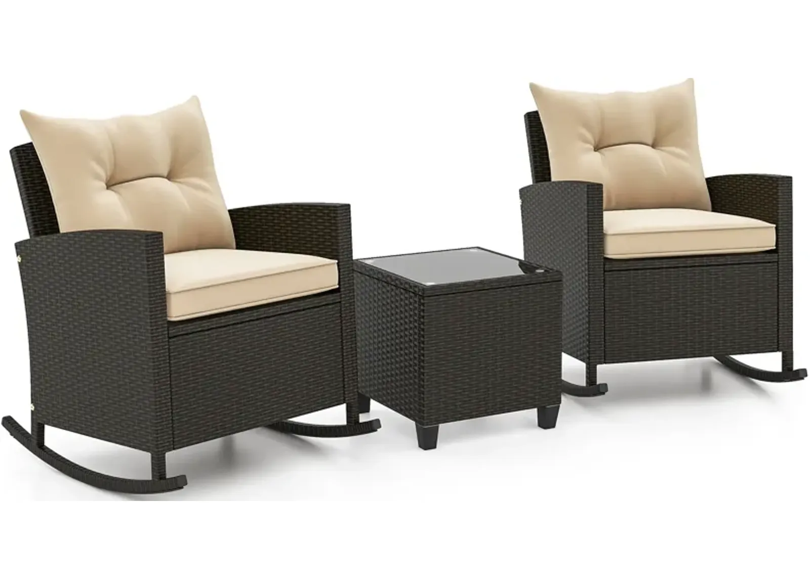 Patio Rattan Roker Chairs with Tempered Glass Table and Soft Cushions