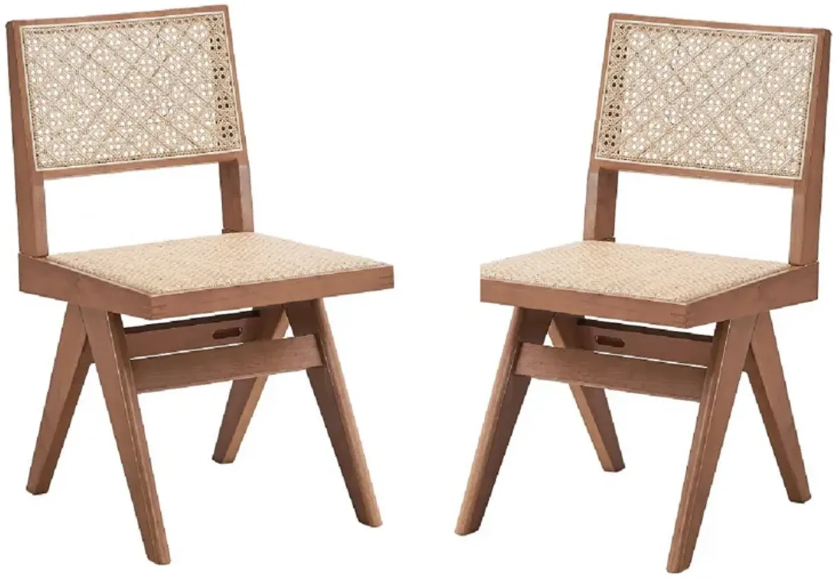 Tina 22 Inch Side Dining Chair Set of 2, Woven Rattan, Natural Brown Wood - Benzara