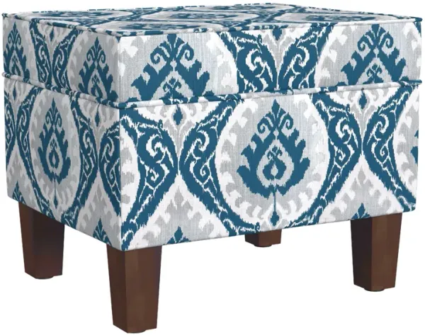 Ishi Accent Storage Ottoman, 22 Inch Blue White Ikat Paisley Pattern - Benzara