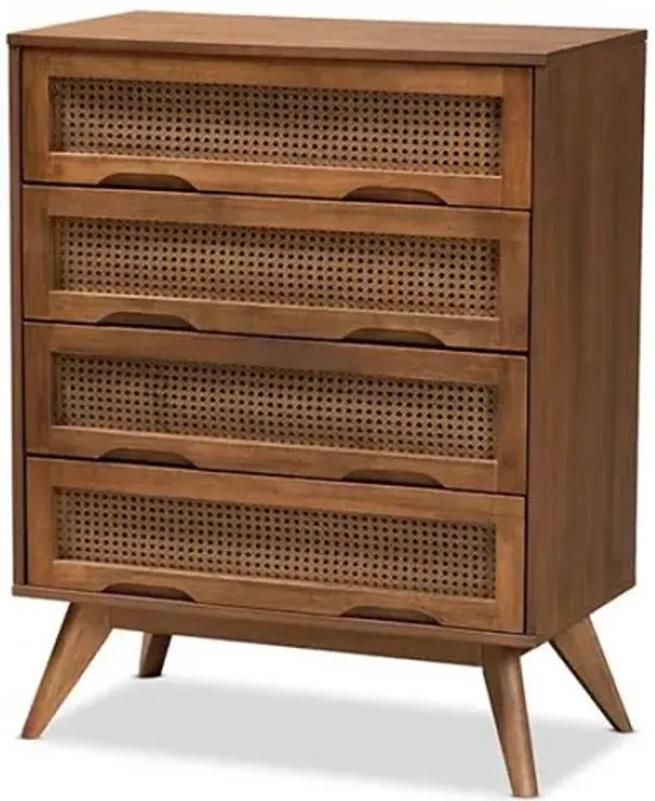 Modern Walnut Brown Finished Wood and Synthetic Rattan 4-Drawer Chest