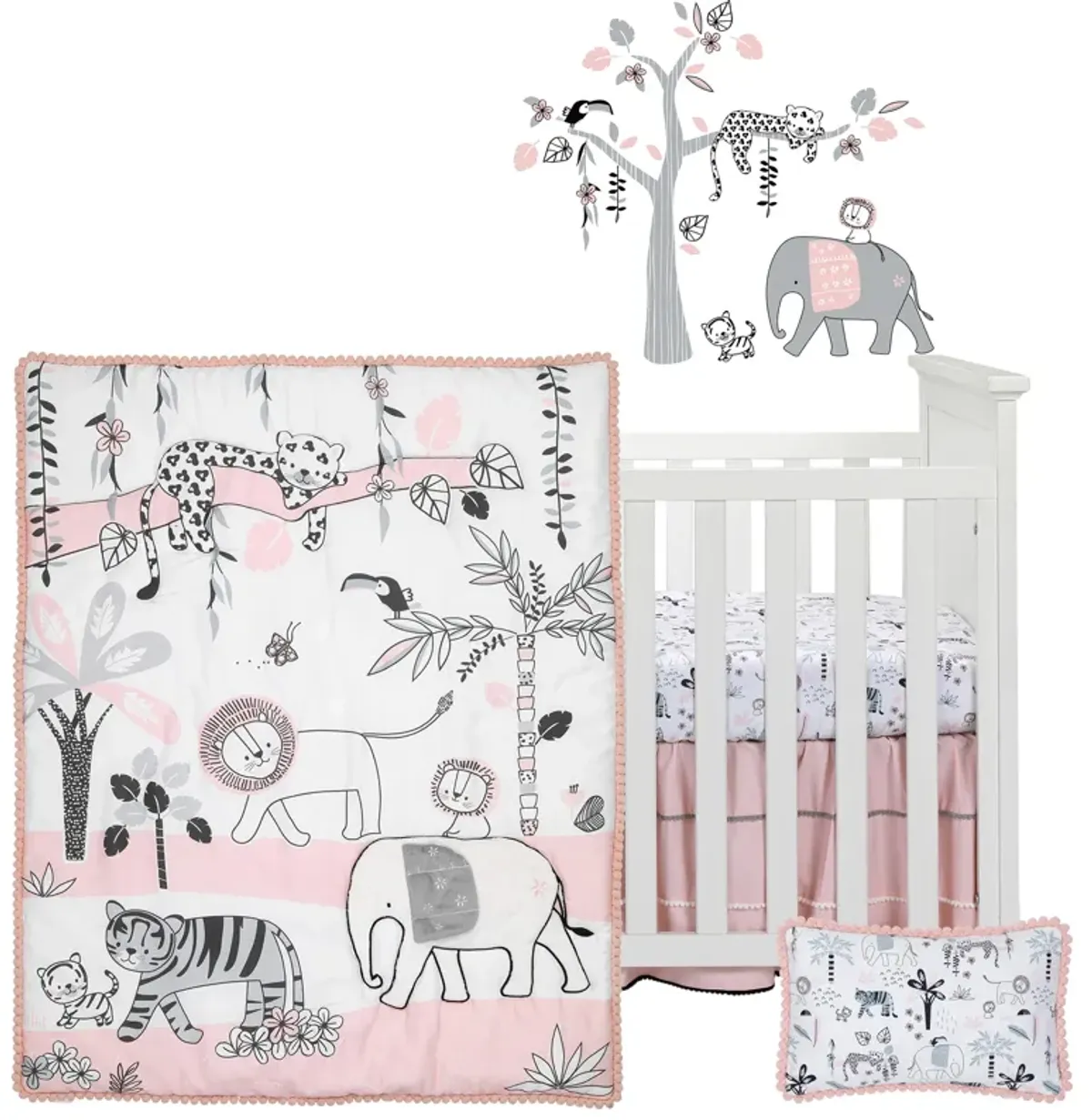 Lambs & Ivy Happy Jungle Pink/White Safari Nursery 5-Piece Crib Bedding Set