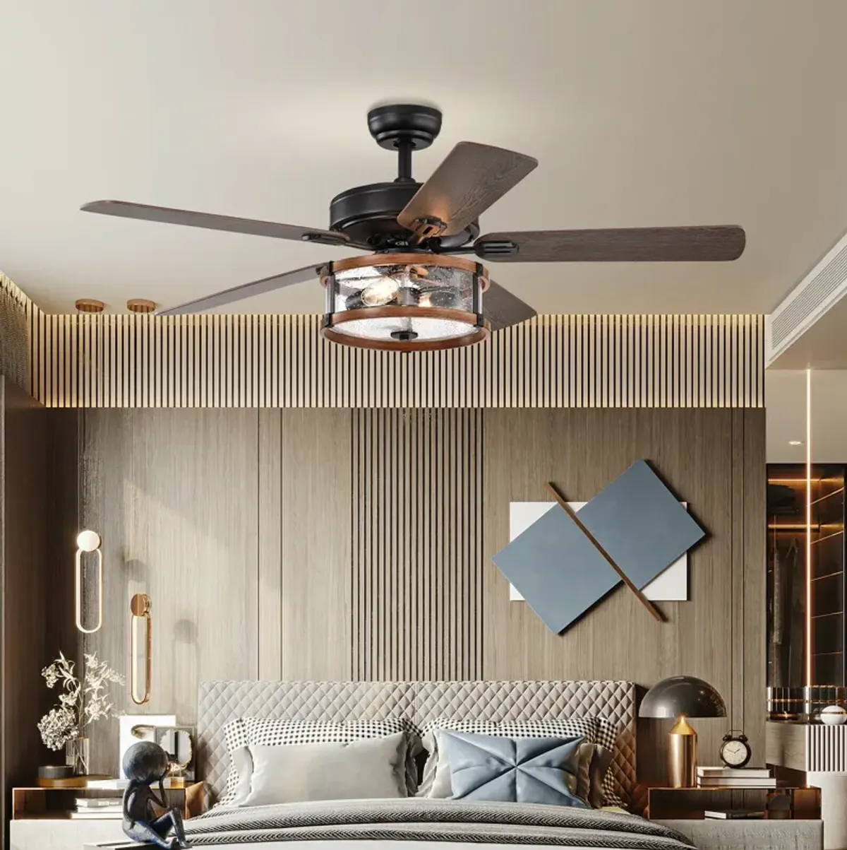 52" Retro Ceiling Fan Lamp with Glass Shade Reversible Blade Remote Control