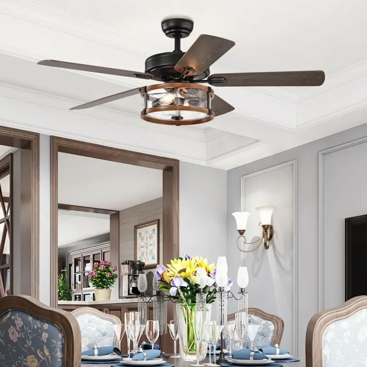 52" Retro Ceiling Fan Lamp with Glass Shade Reversible Blade Remote Control