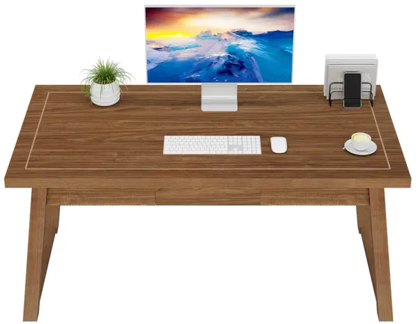 55-Inch Home Office Desk with Drawer, Modern Minimalist Style Wooden Simple Study Writing Table, Mid-Century Log Executive Desk, Computer Desk, PC Laptop Desk Workstation, Walnut Brown
