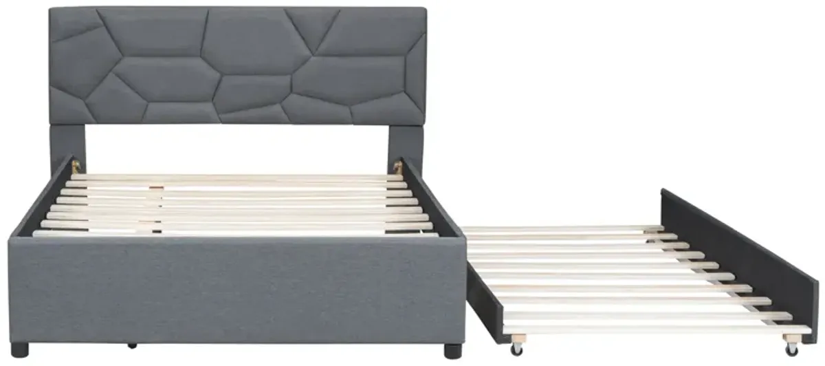 Merax Upholstered Platform Bed with Brick Pattern Headboard and Twin Size Trundle