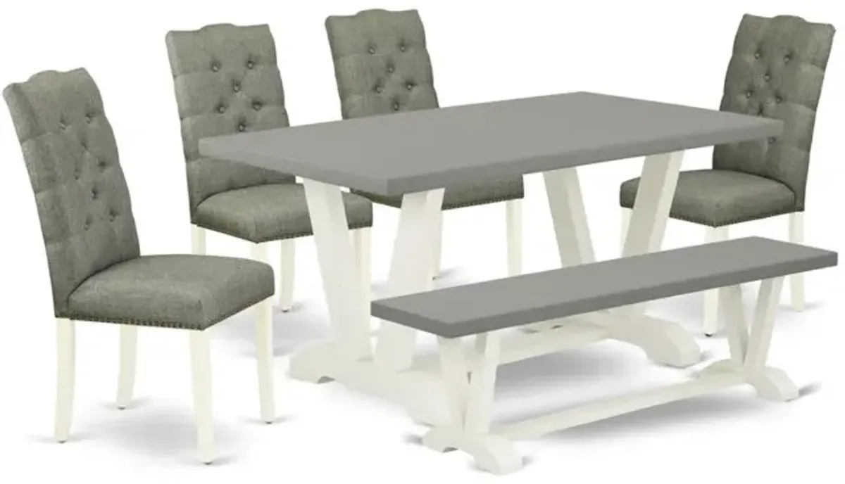 East West Furniture 6-Piece Dining Table Set- 4 Kitchen Parson Chairs with Smoke Linen Fabric Seat and Button Tufted Chair Back - Rectangular Top & Wooden Legs Kitchen Dining Table and Kitchen Bench -