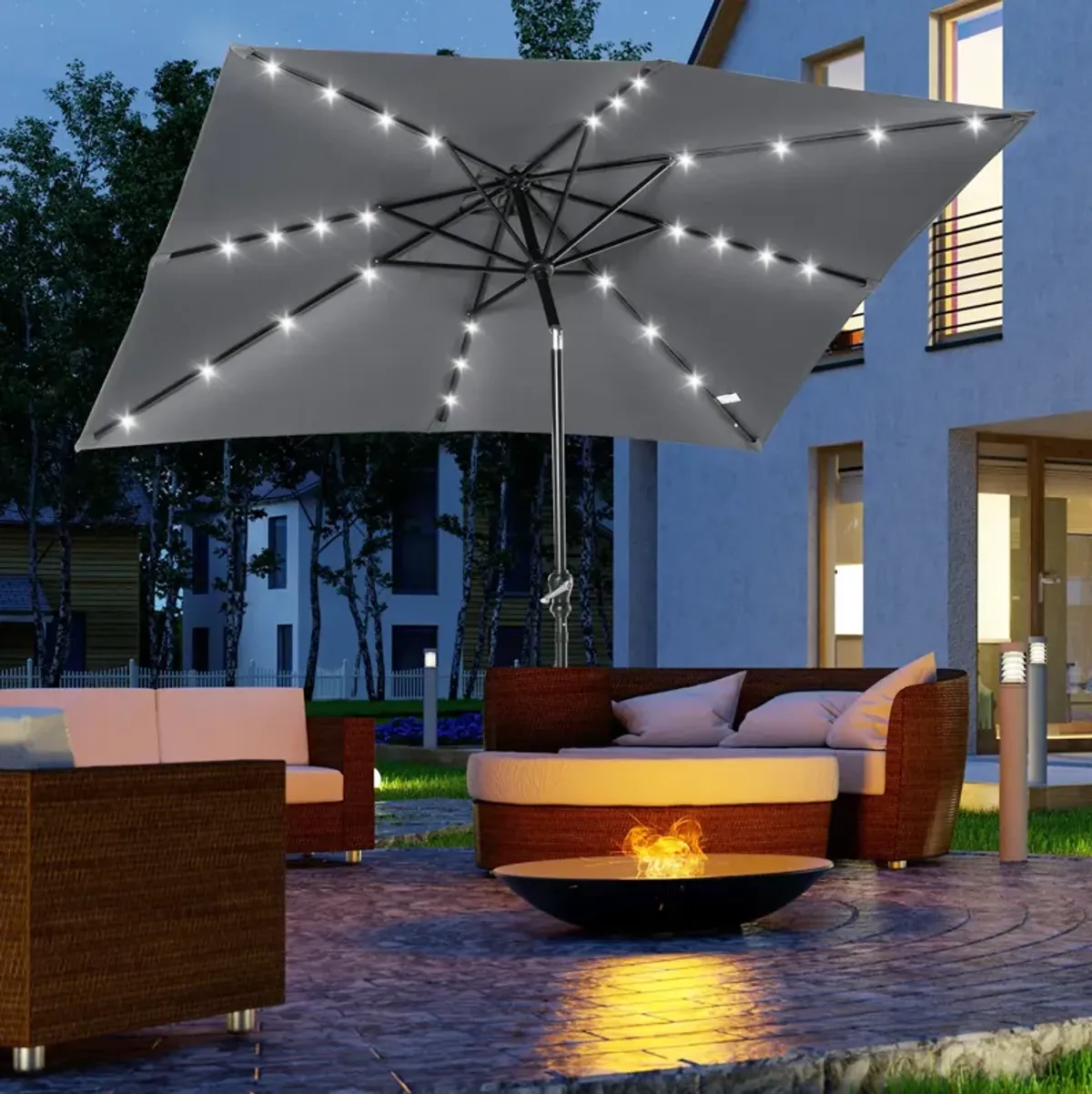 Dark Gray Sun Shield: 9x7 ft Patio Umbrella with LED Lights