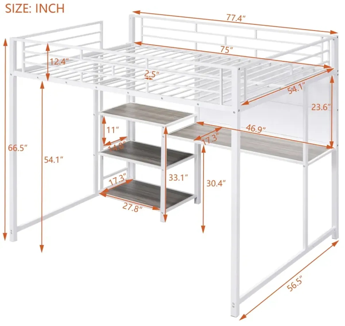 Full Size Loft Bed With Desk And Whiteboard, Metal Loft Bed With 3 Shelves And Ladder, White