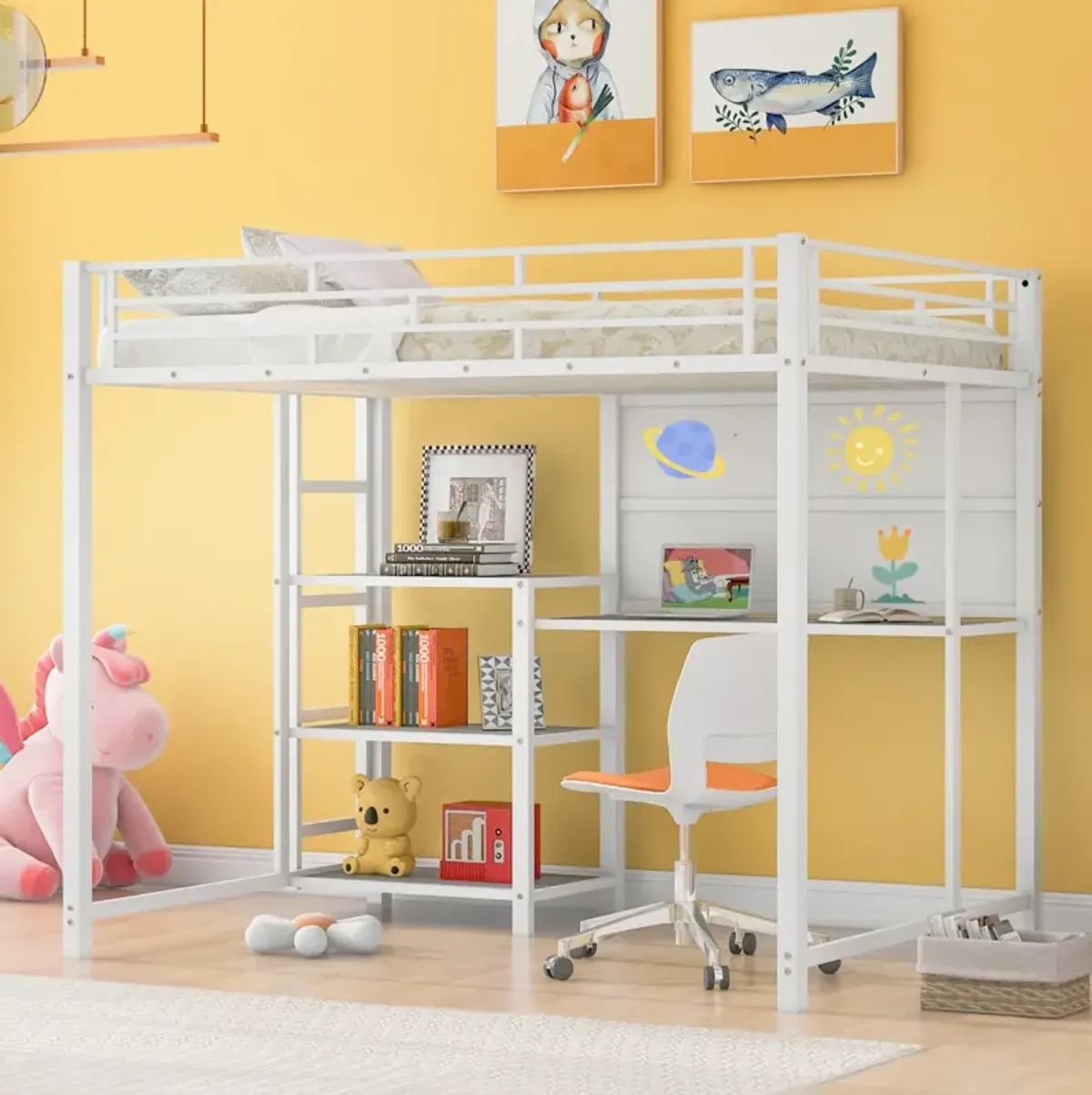 Full Size Loft Bed With Desk And Whiteboard, Metal Loft Bed With 3 Shelves And Ladder, White